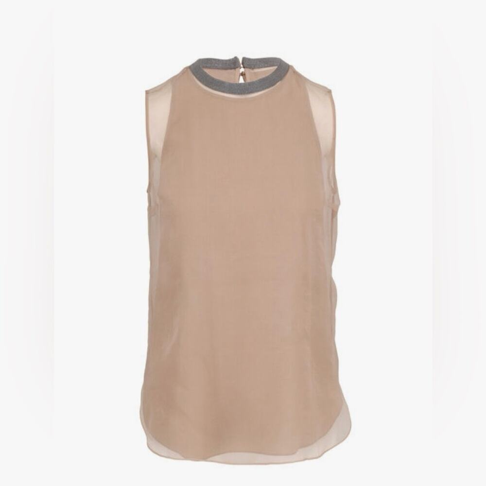 BRUNELLO CUCINELLI Women's Medium Blouse Almond Silk Double Layer Sleeveless